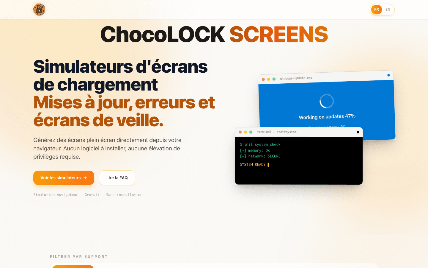 ChocoLOCK Screen page: loading, update and screensaver screen simulators