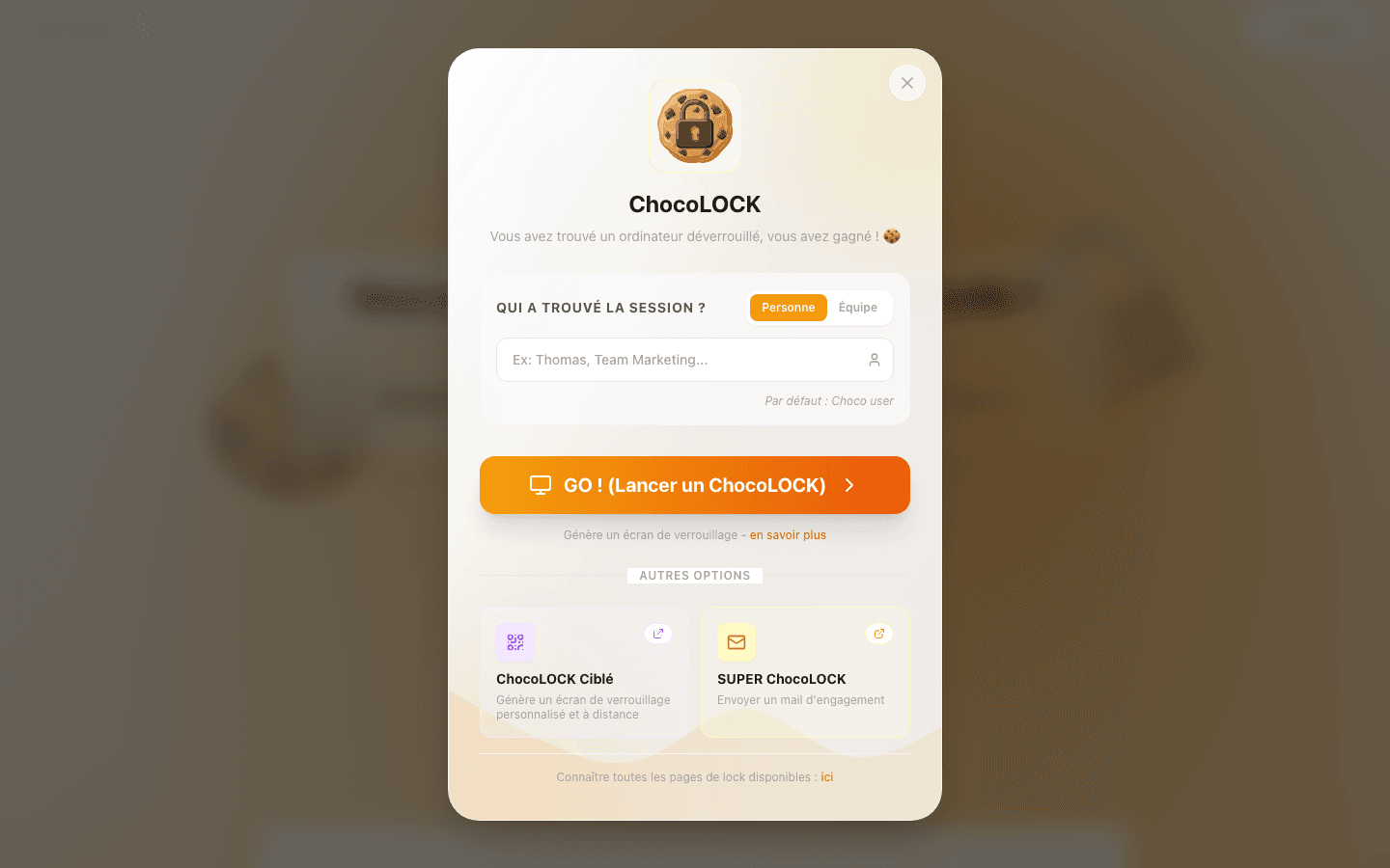 ChocoLOCK launch dialog, showing the SUPER ChocoLOCK option that sends a pledge email
