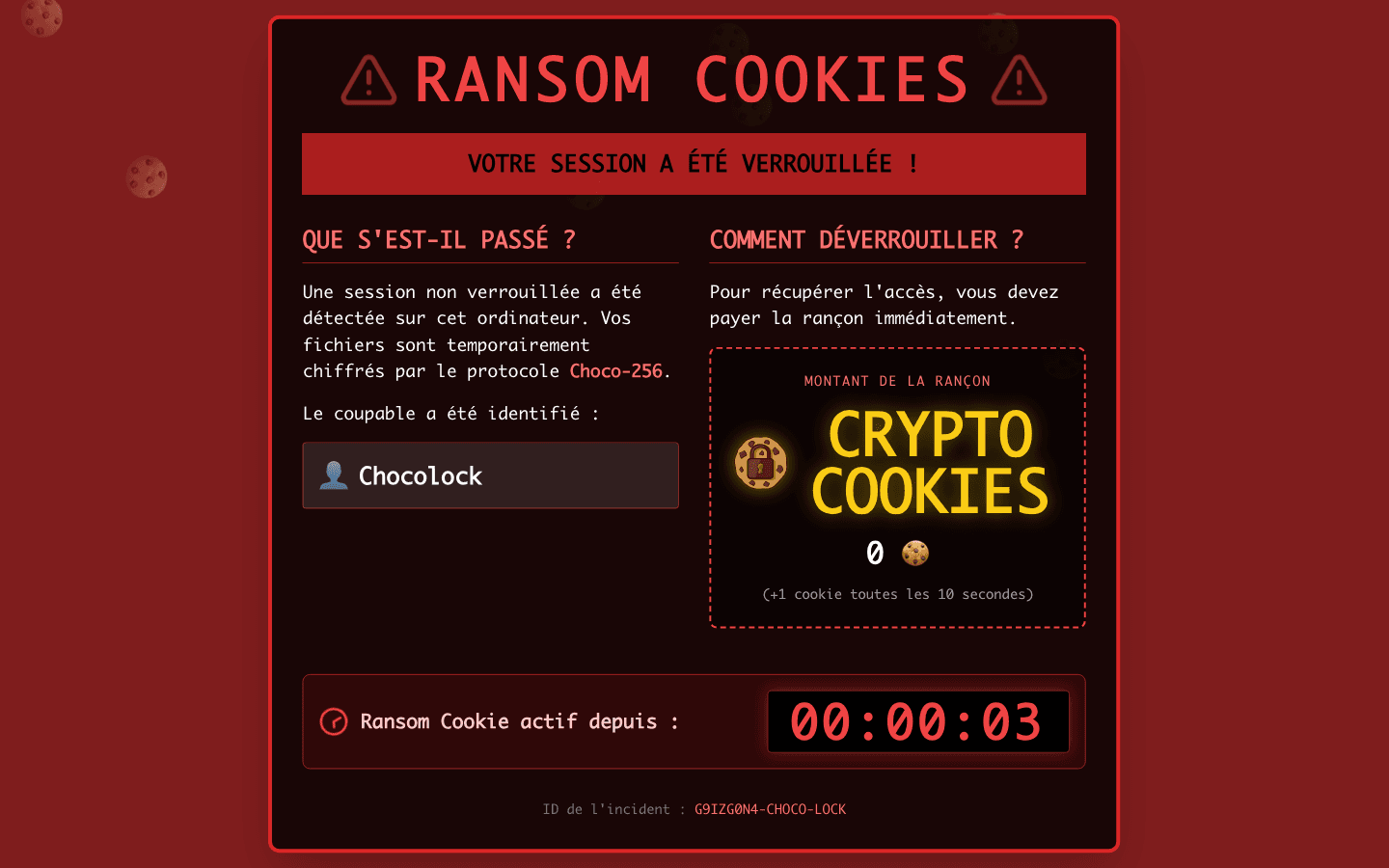 Targeted ChocoLOCK lock screen showing a fake « Ransom Cookies » ransomware full-screen
