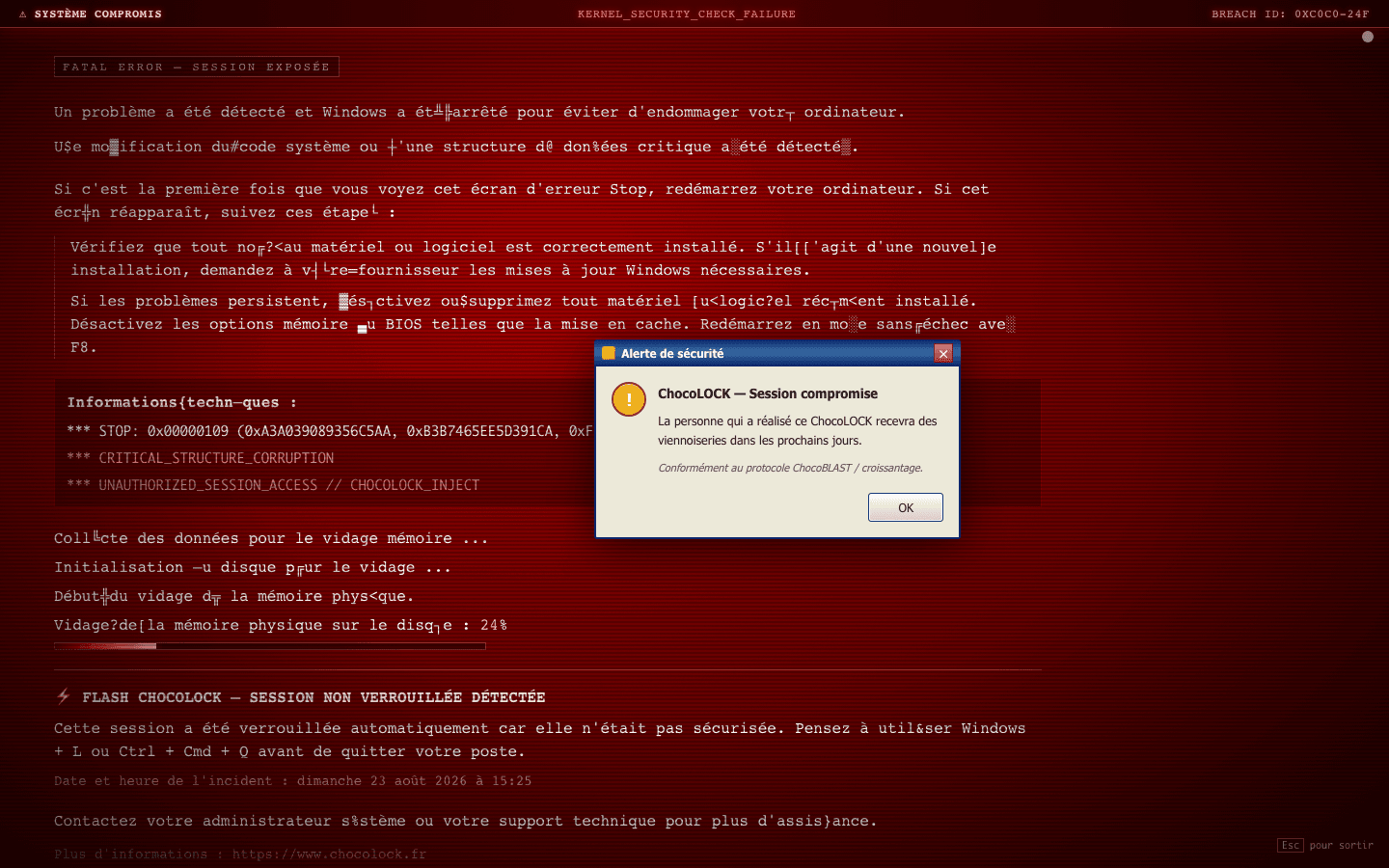 FLASH ChocoLOCK lock screen showing a full-screen Red Screen of Death