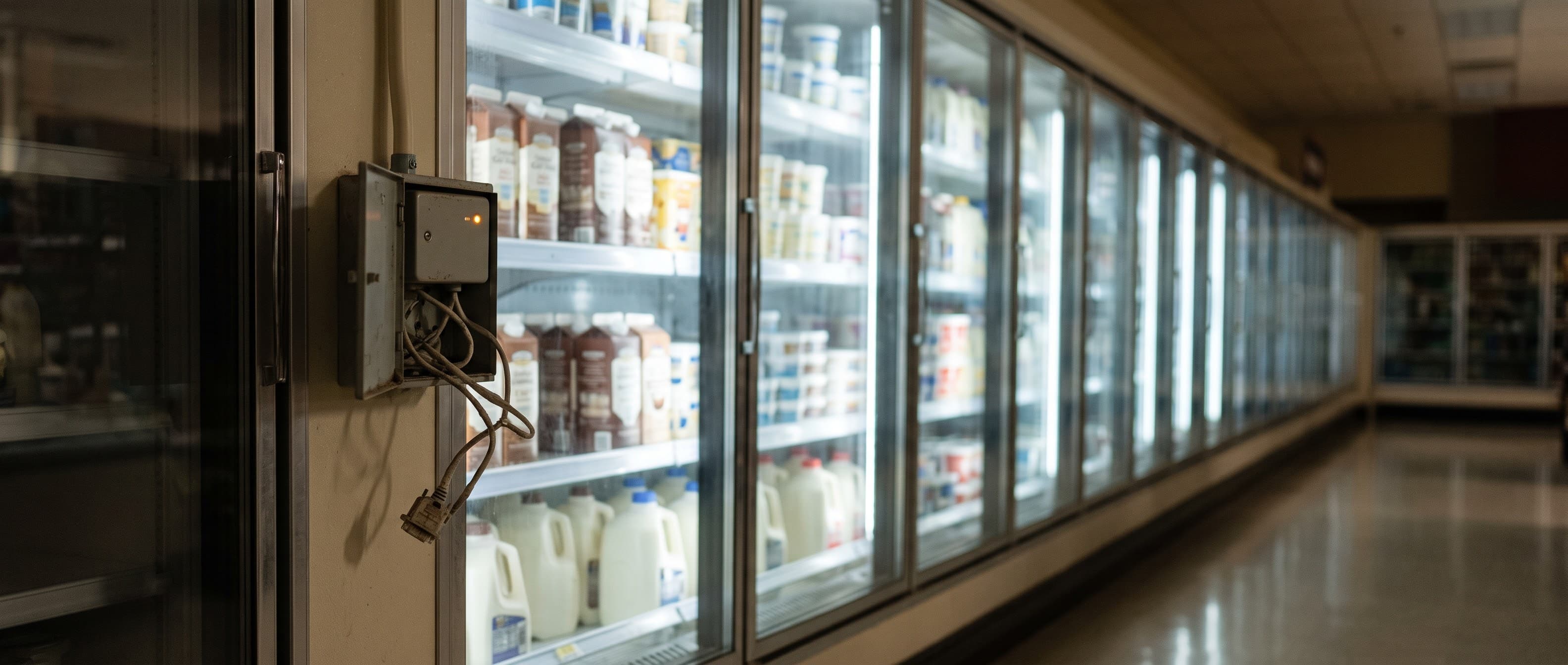 Boîtier gris ouvert sur un frigo vitré de supermarché, voyant ambre allumé la nuit