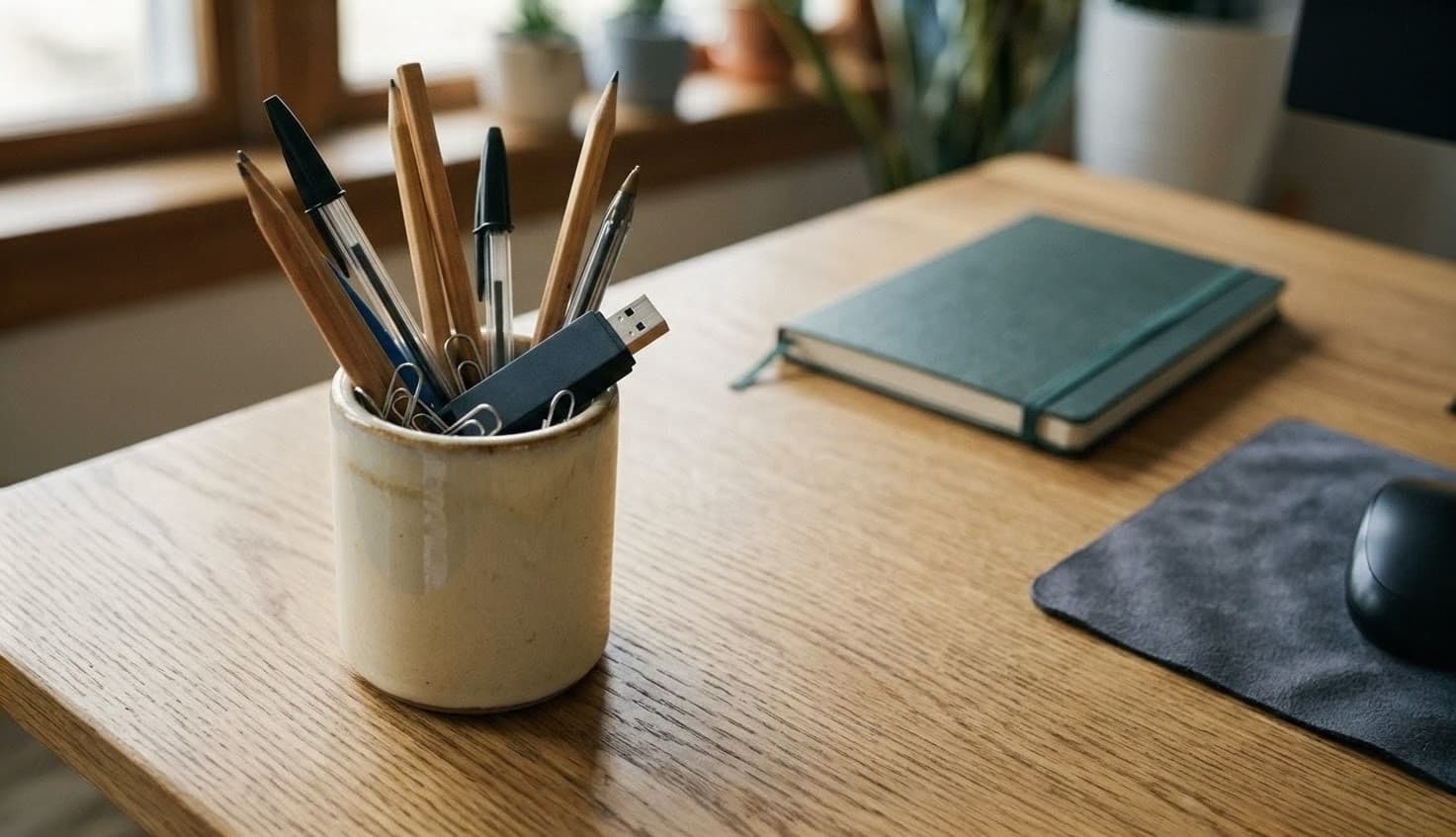 Clé USB noire oubliée dans un pot à crayons sur un bureau en bois clair