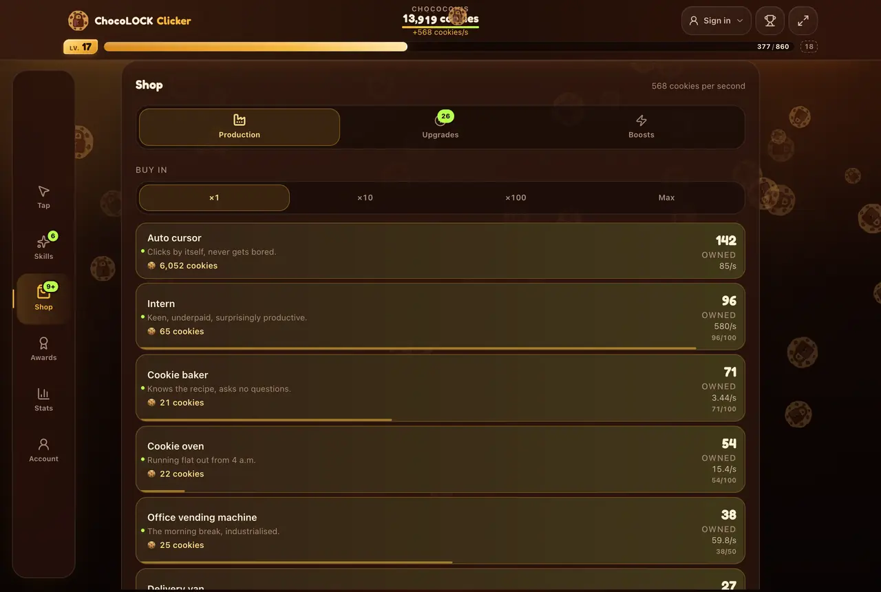 ChocoLOCK Cookie Clicker shop: the generator list (auto cursor, intern, cookie baker, cookie oven) with each price, the number owned and its output per second, alongside buy 1, 10, 100 or max.