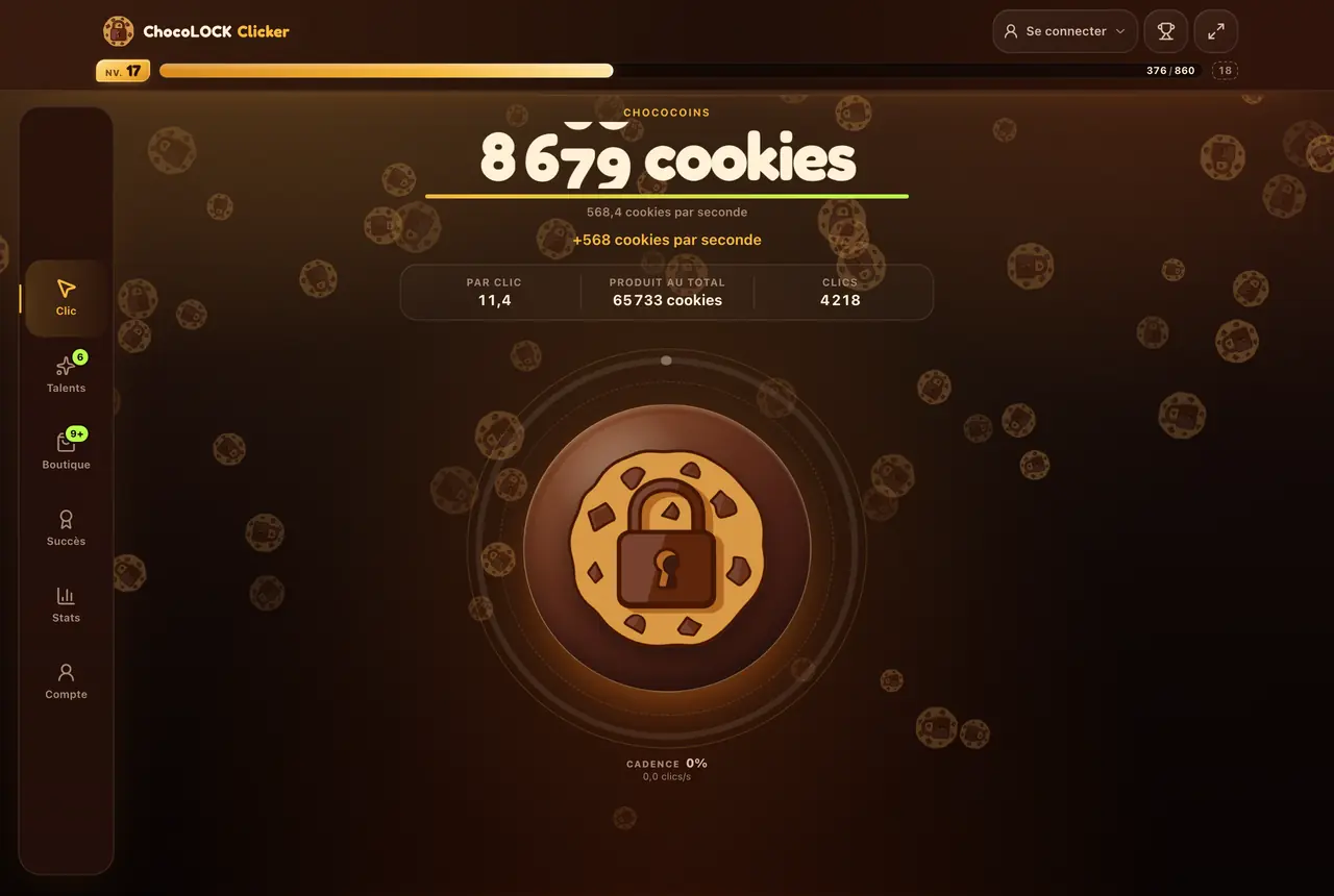Plateau du Cookie Clicker ChocoLOCK : le grand cookie au cadenas au centre, le solde en cookies au-dessus, la production à 568 cookies par seconde et la barre d’expérience de niveau 17 en haut de l’écran.