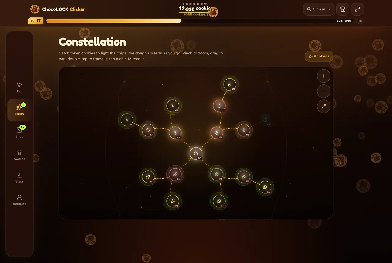 ChocoLOCK Cookie Clicker talent constellation: lit nodes linked back to the central trunk, each showing its rank, spread across the click, automation, luck and fortune branches.