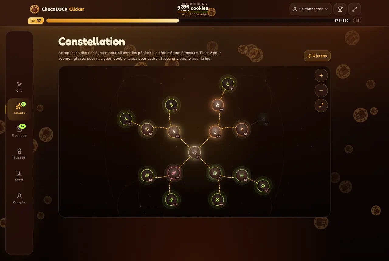 Constellation de talents du Cookie Clicker ChocoLOCK : les nœuds allumés reliés au tronc central, chacun affichant son rang, répartis en branches clic, automatisation, chance et fortune.